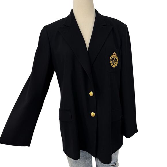Lauren Ralph Lauren Wool Blazer Jacket Logo Patch Black Long Sleeve 12P USA-Made - Picture 1 of 11